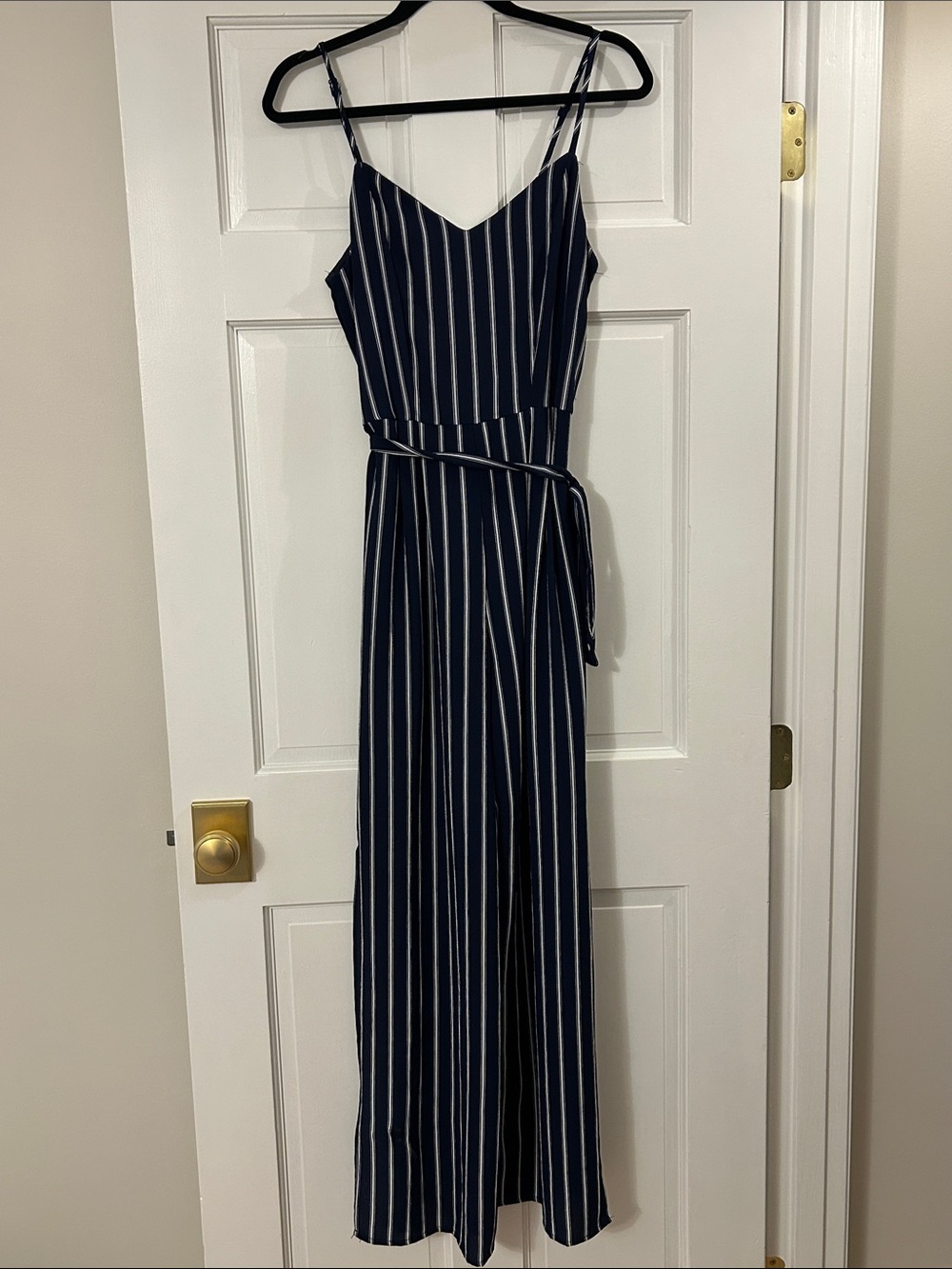 Monteau Navy Blue & White Striped Tie-Waist Jumpsuit Size Medium